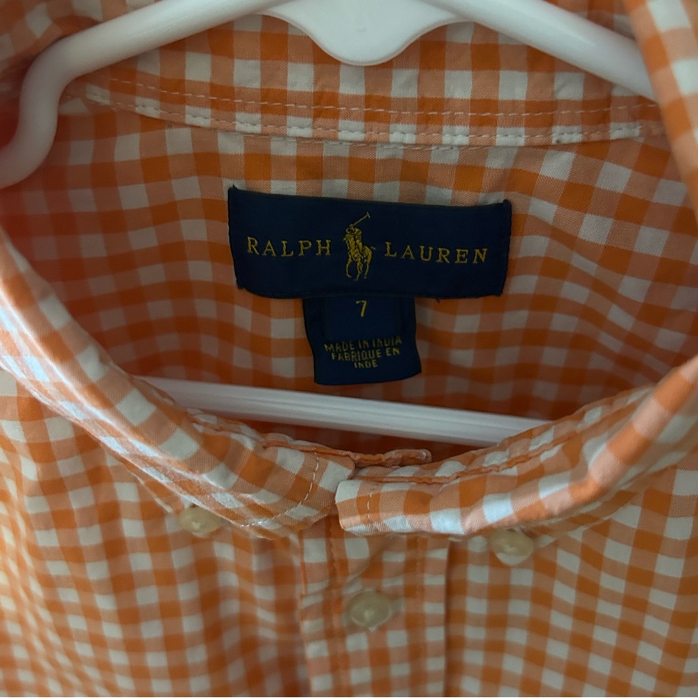 Ralph Lauren Boy’s Orange and White Checked Long Sleeve Button Down Shirt Size 7 - Picture 4 of 7